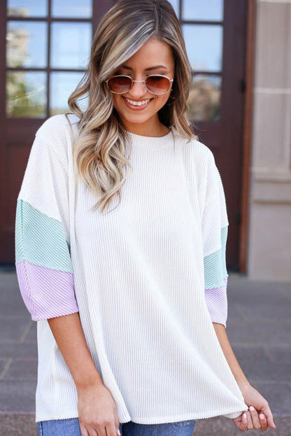 White Pit-striped Colorblock Drop Sleeve Top