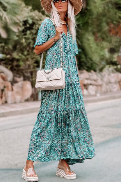 Vestido largo estampado de paisley con cuello en V dividido y escalonado boho azul cielo