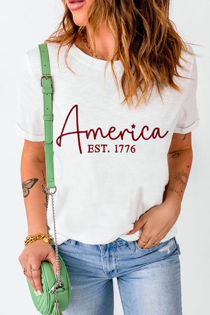 White America Letter Graphic Crew Neck T Shirts