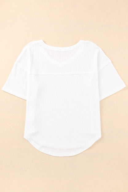 White Waffle Knit Casual Drop Shoulder Loose Top