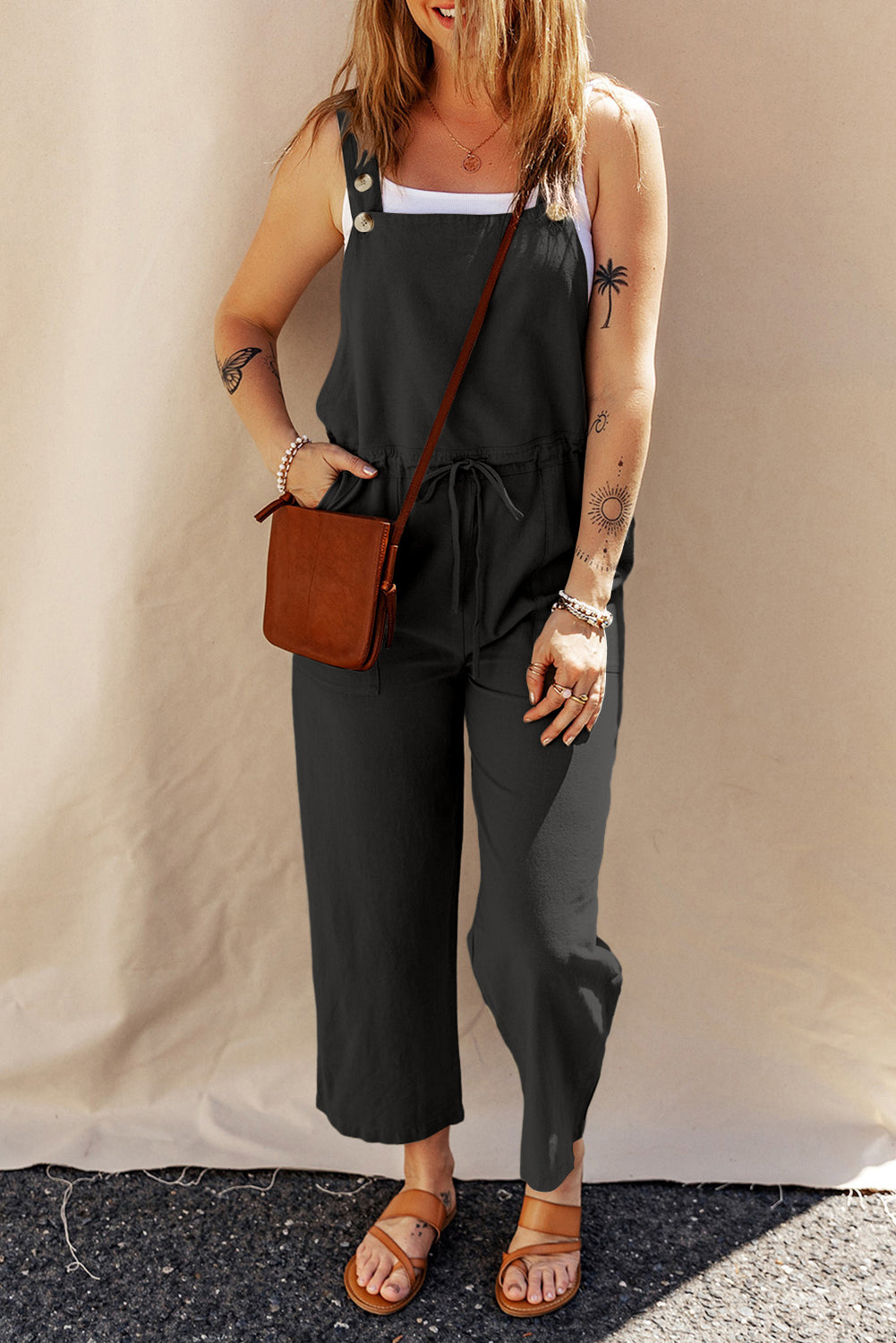 Black Drawstring Buttoned Straps Cropped Overalls