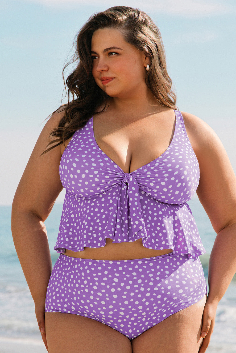 Purple Plus Size Polka Dot Print Ruffled Knotted V Neck Tankini Set