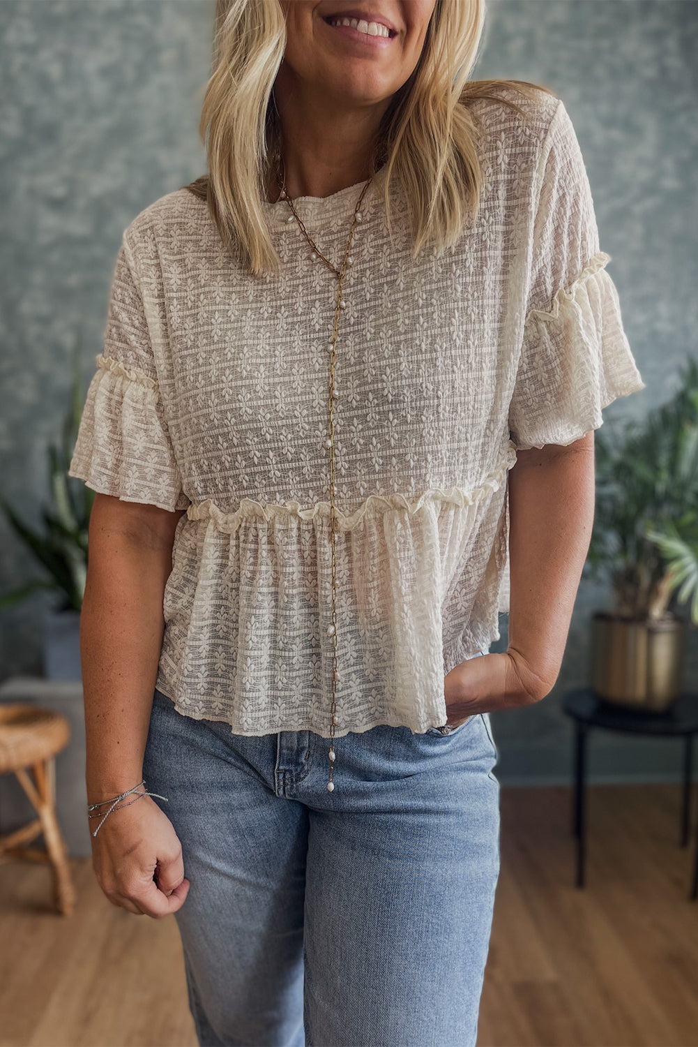 Beige Solid Color Lace Textured Ruffle Blouse