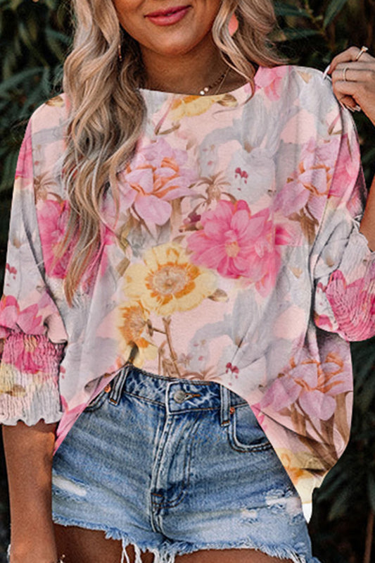 Blusa floral holgada con manga 3/4 y puños fruncidos rosa