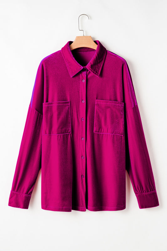 Bright Pink Plus Size Velvet Chest Pocket Drop Shoulder Shirt