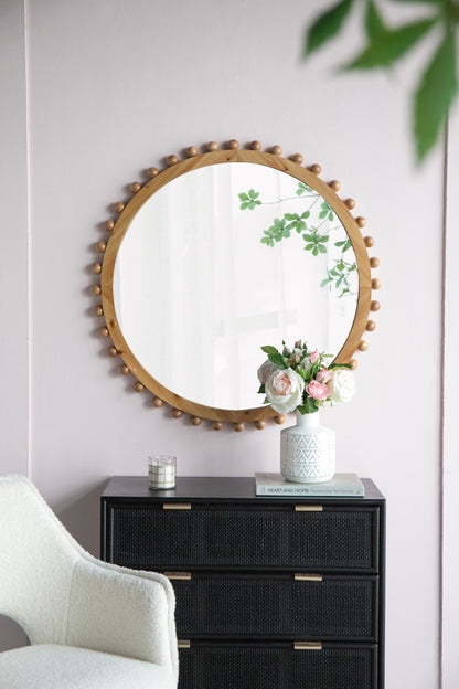 Wood Round Mirror w/ Beaded Frame