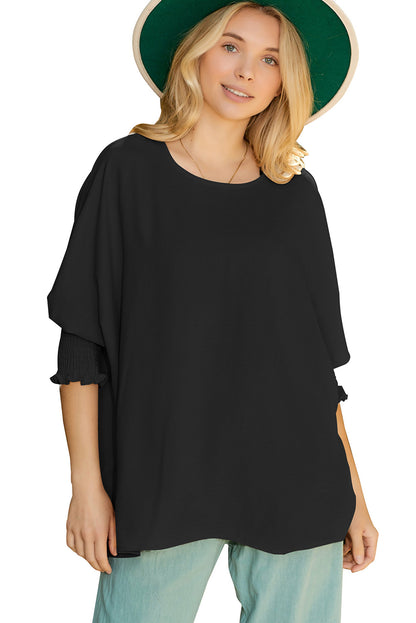 Blusa informal lisa con mangas de murciélago y puños fruncidos albaricoque