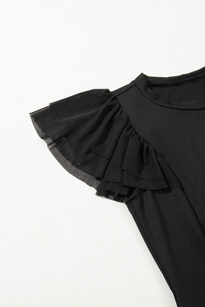 Black Solid Ruffled Mesh Patchwork Sleeve Bodysuit