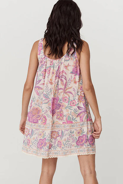Multicolor Floral Print Fringed Tie U Neck Sleeveless Mini Dress