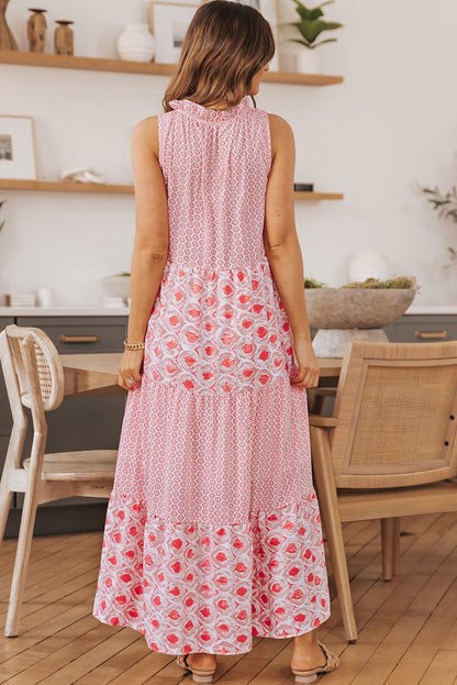 Pink Abstract Sleeveless V Neck Summer Tiered Dress