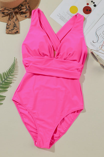 Monokini de corte alto fruncido sin espalda cruzado con cuello en V profundo rosa rojo