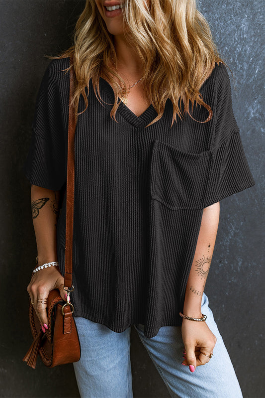 Black Ribbed V Neck Pocket Drop Sleeve T-Shirt