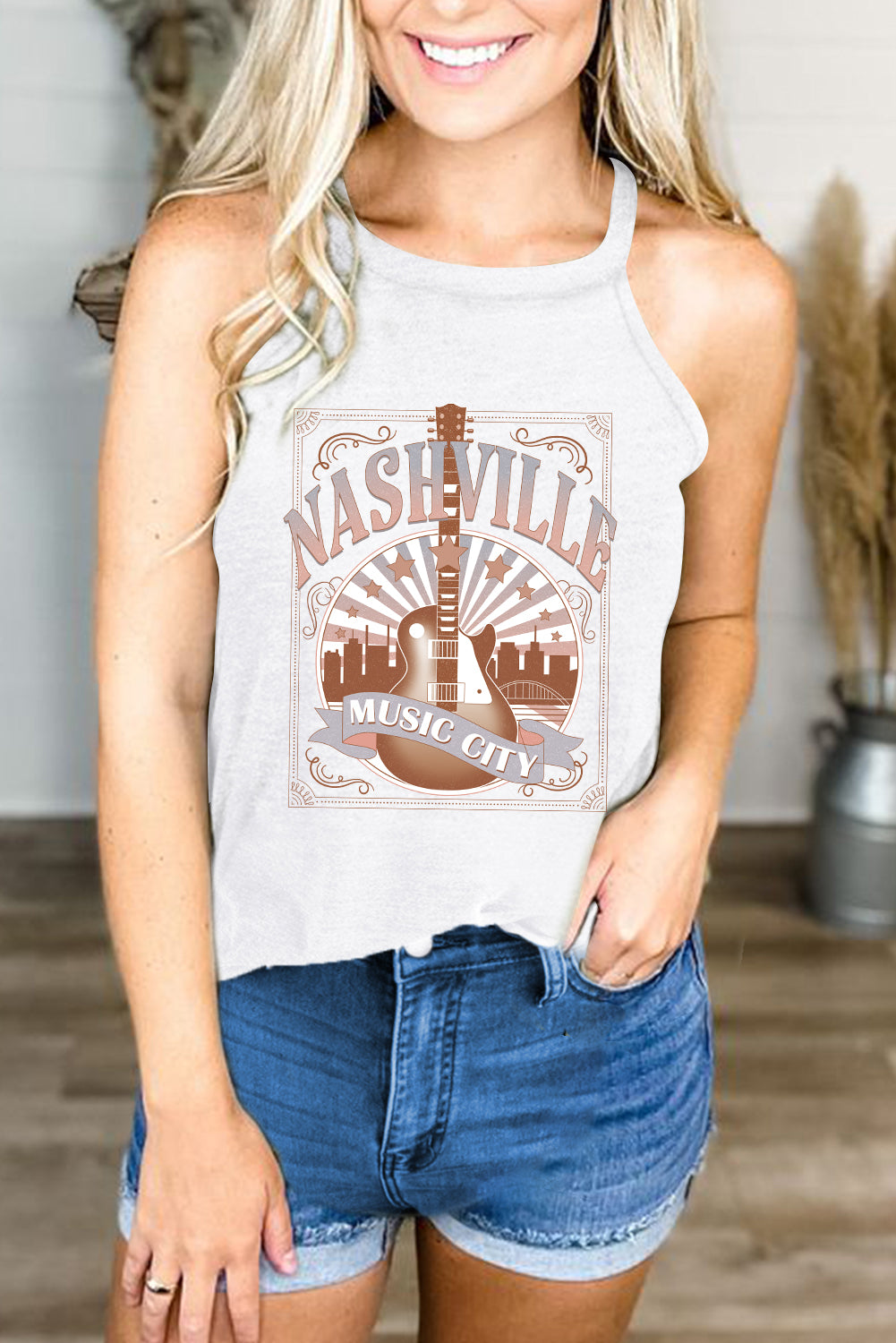 Camiseta sin mangas con gráfico de guitarra NASHVILLE MUSIC CITY blanca