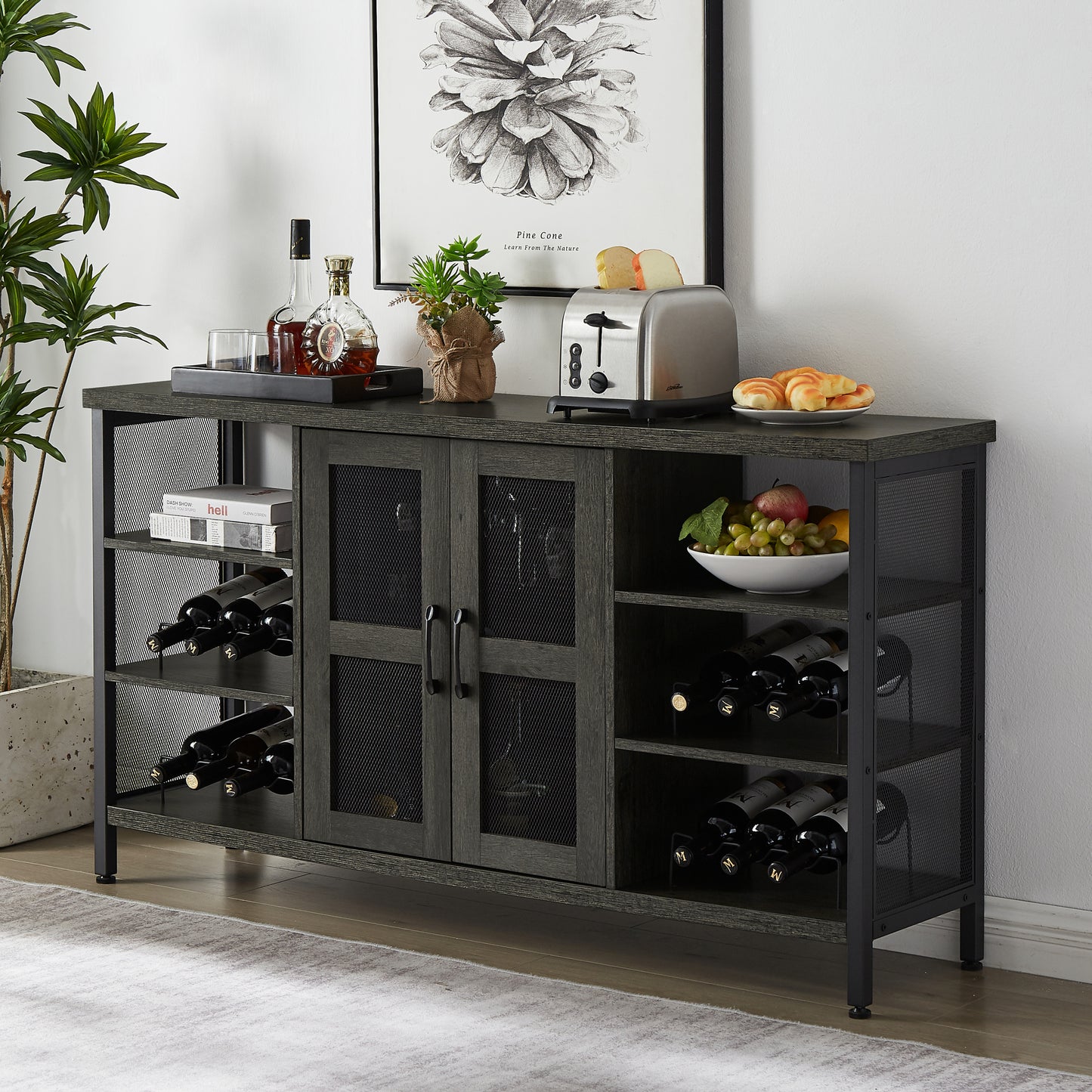 Black Gray Industrial Wine Bar Cabinet w/ Wine Racks & Stemware Holder