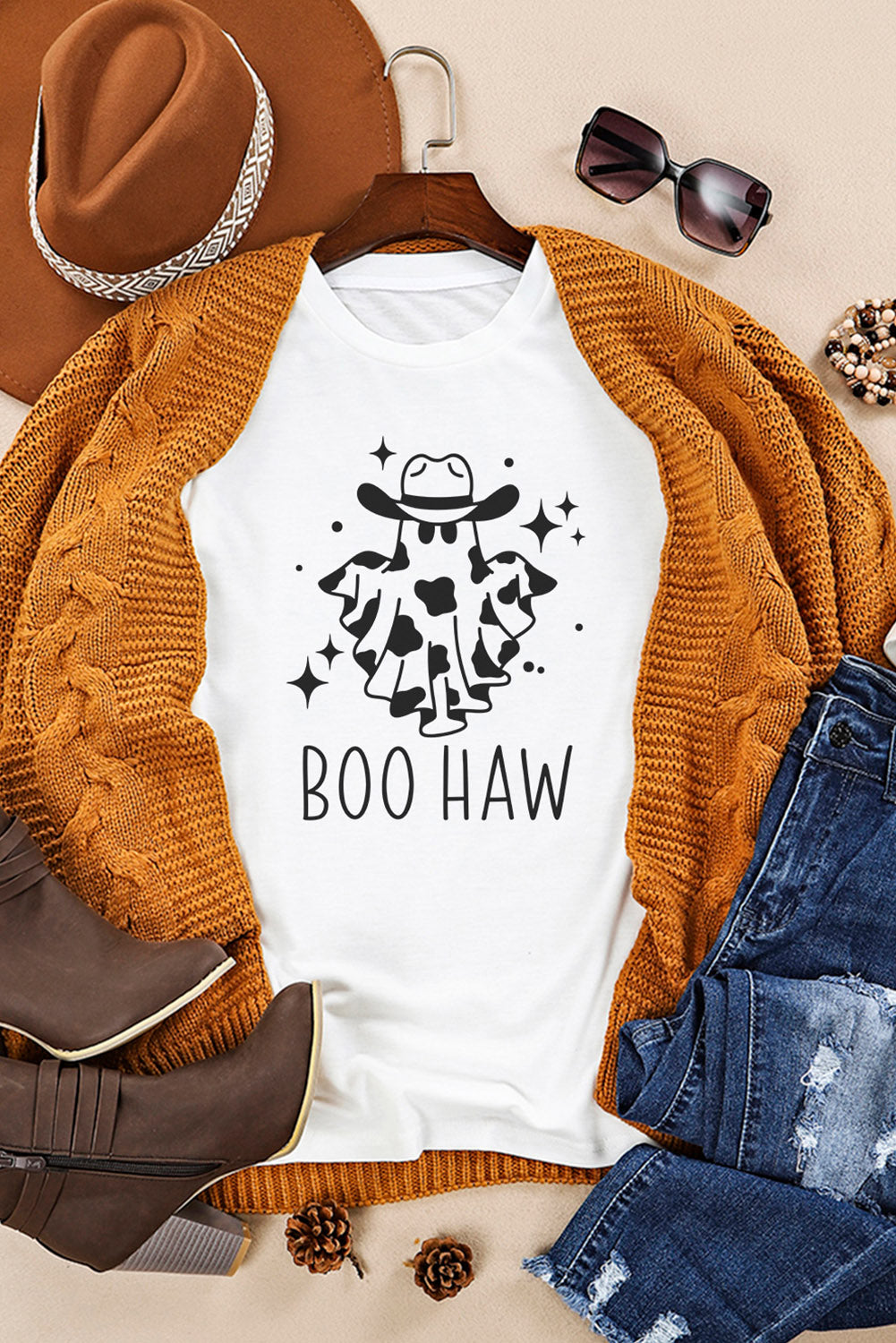 White Halloween BOO HAW Crew Neck Graphic Tee