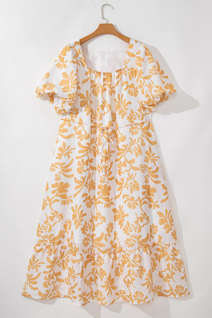 Apricot Floral Print Puff Short Sleeve Plus Size Maxi Dress