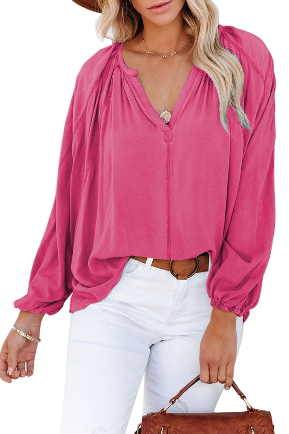 Plicated Detail V Neck Blouse