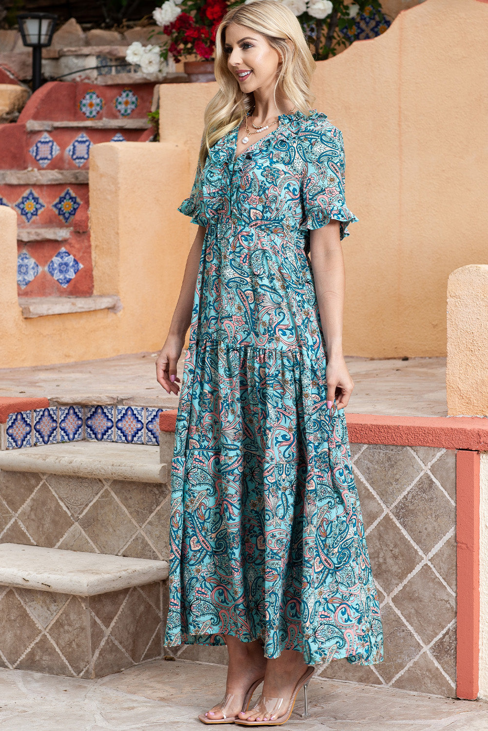 Sky Blue Paisley Print Split V Neck Tiered Boho Maxi Dress