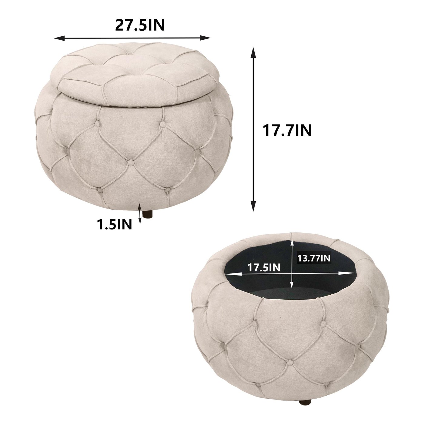 Beige Large Button Tufted Woven Round Storage Footstool