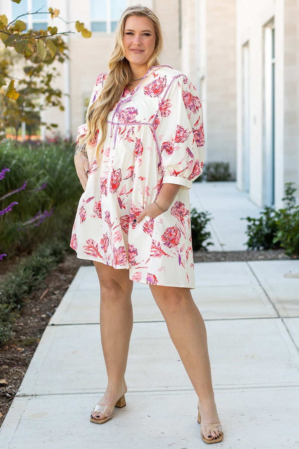 White Floral Print V Neck Plus Size Mini Dress