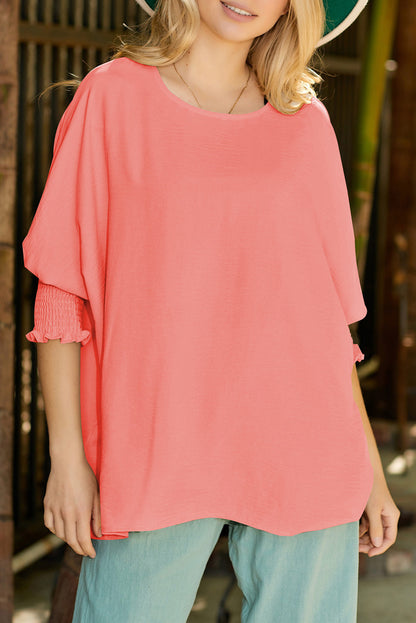 Apricot Solid Casual Smocked Cuffs Batwing Sleeve Blouse