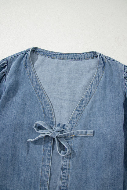 Dusk Blue Bow Tie Front Puff Sleeve Denim Top