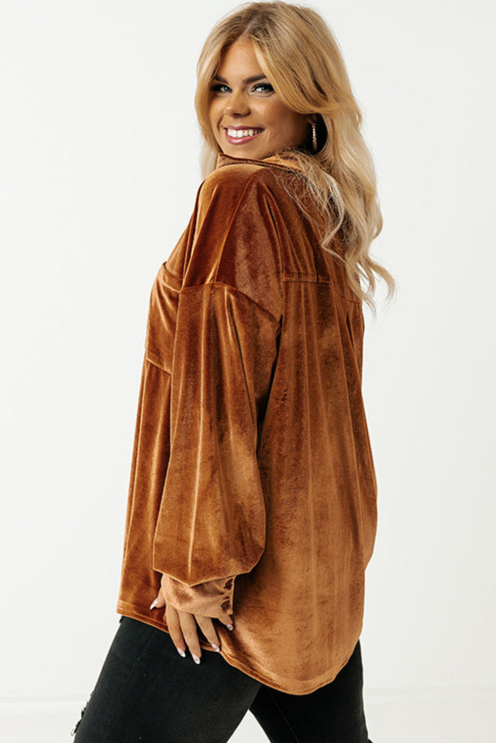 Chestnut Velvet Drop Shoulder Plus Size Shirt