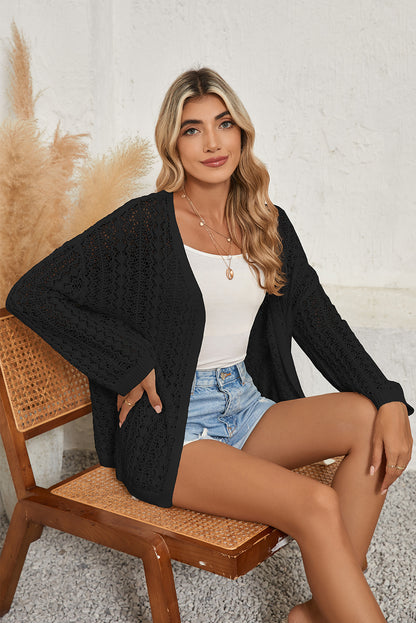 White Hollow Out Crochet Knit Drop Shoulder Open Front Cardigan