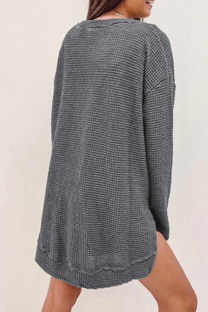 Waffle Knit Drop Sleeve High Slits Oversized Top