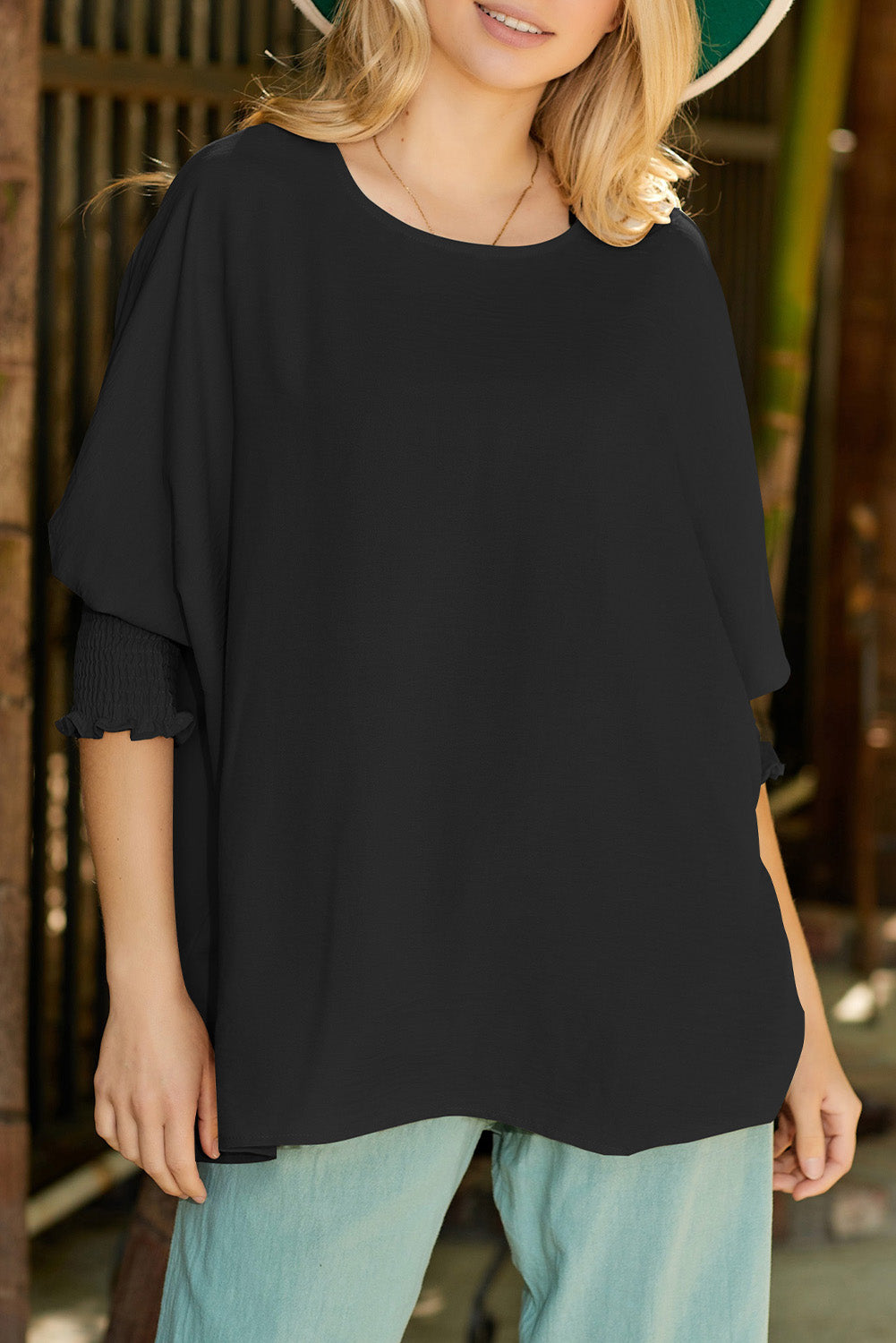 Blusa informal lisa con mangas de murciélago y puños fruncidos albaricoque