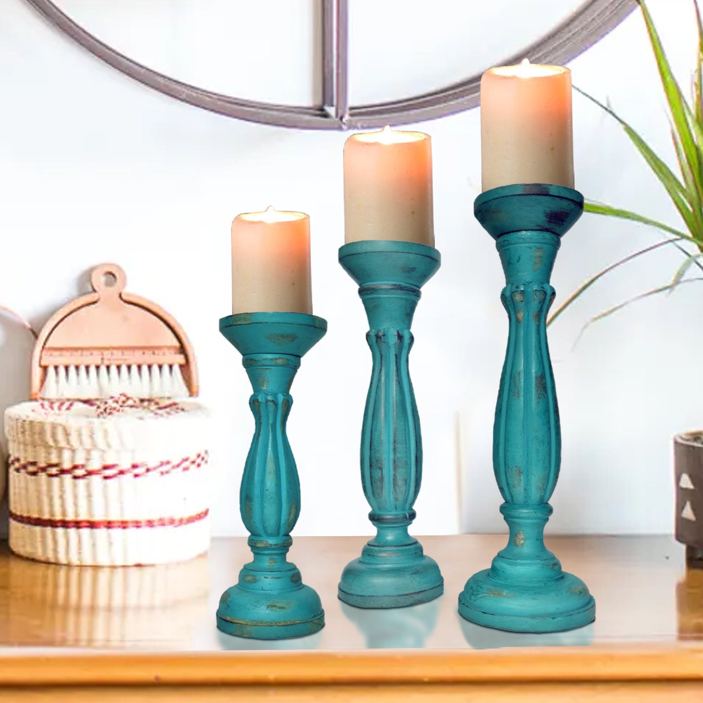 Turquoise Blue Wooden Candle Holder