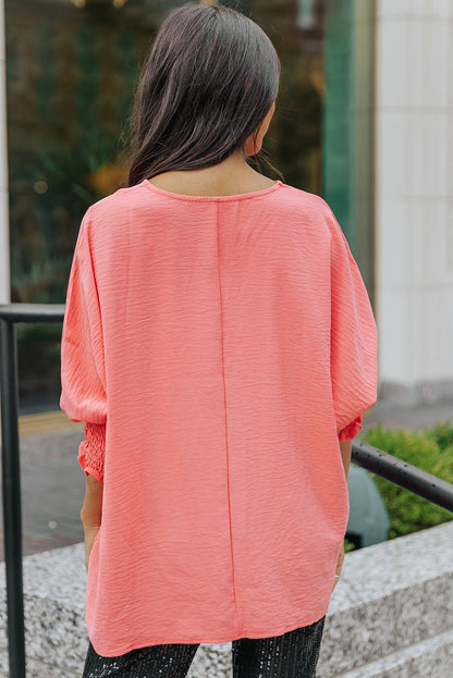 Apricot Solid Casual Smocked Cuffs Batwing Sleeve Blouse