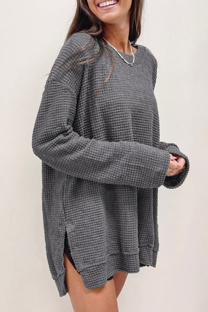 Waffle Knit Drop Sleeve High Slits Oversized Top