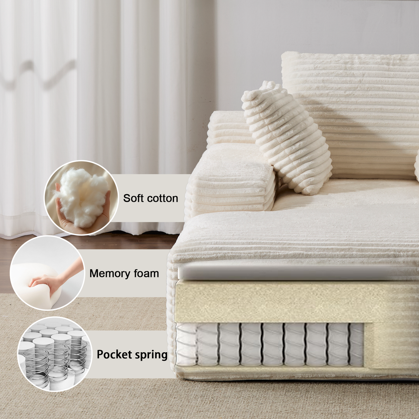 White Corduroy Plush Oversized Chaise Lounge Chair