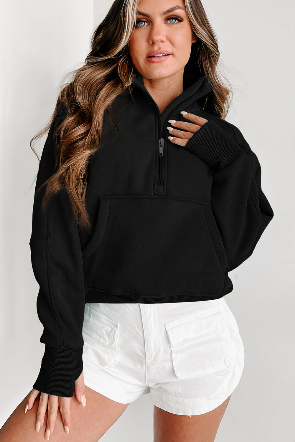 Zip Up Thumbhole Sleeve Sweatshirt