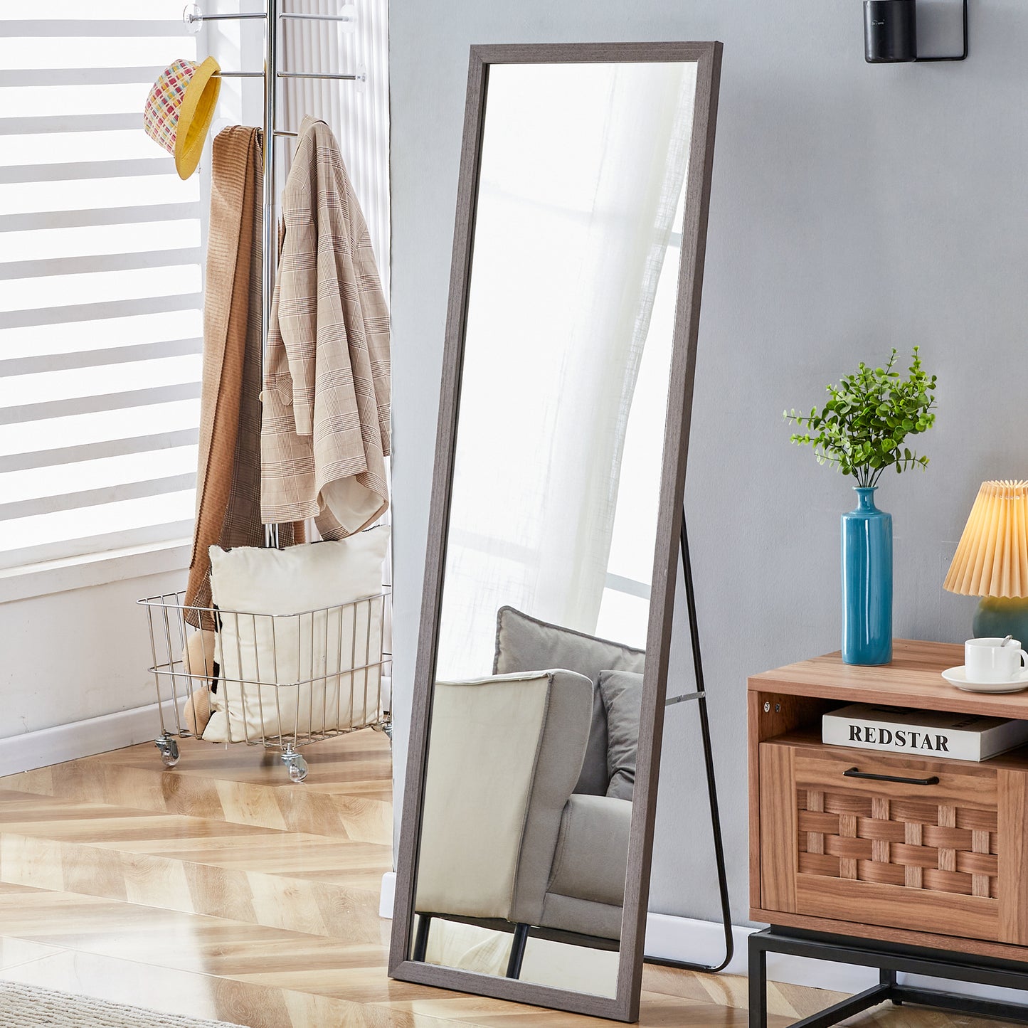 Gray Solid Wood Frame Full-Length Mirror