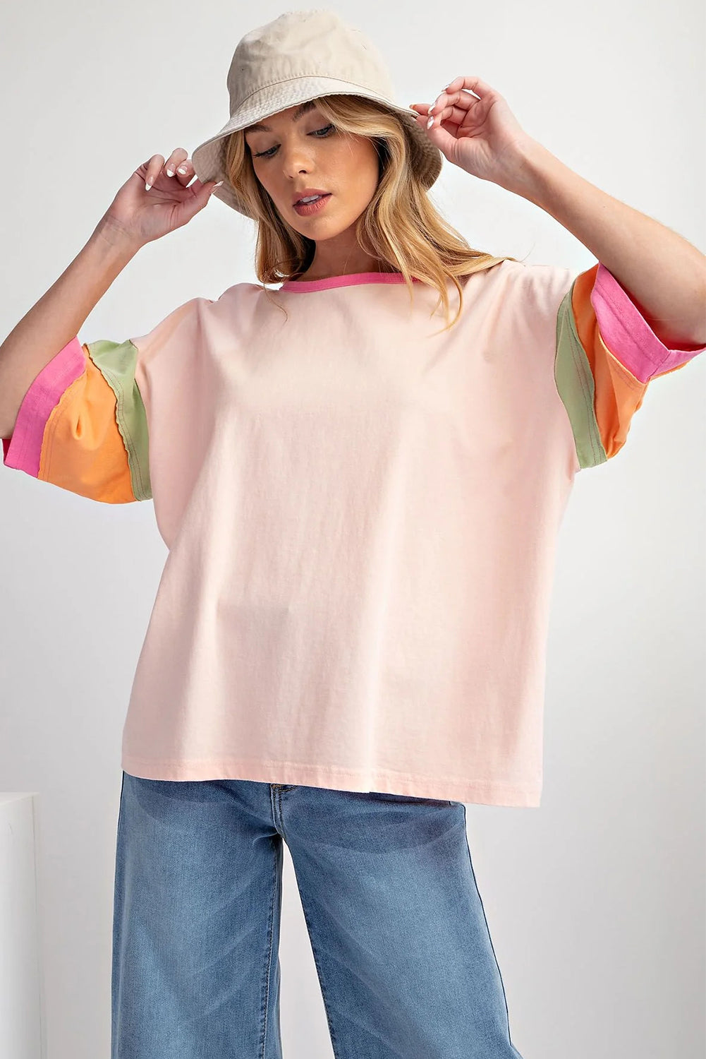 Green Color Block Sleeve Round Neck Oversize Top