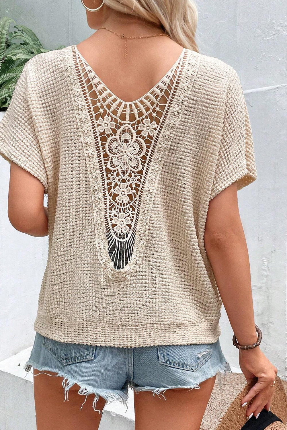 Oatmeal Guipure Lace Splicing Back Waffle Textured T-shirt