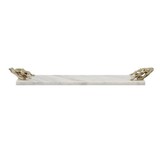 White & Gold Decor Tray w/ Marble Frame & Carved Metal Handles