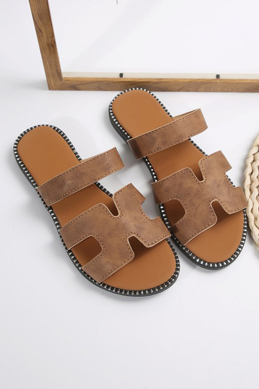 Brown Leather H Band Flat Sandels