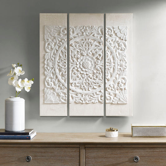 Off White Wood Triptych Dimensional Resin Canvas Wall Art Set