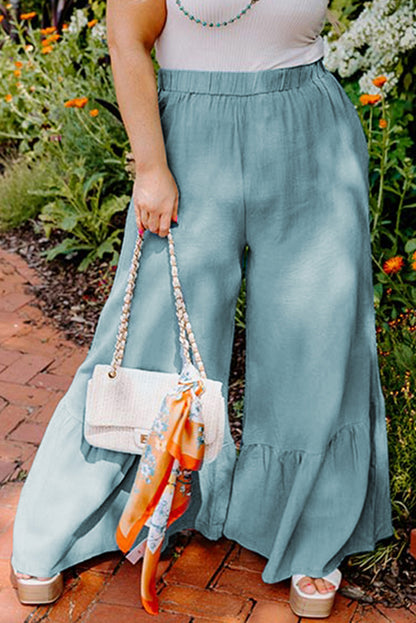 Pantalones anchos de pierna ancha con volantes y cintura alta de talla grande azul cielo