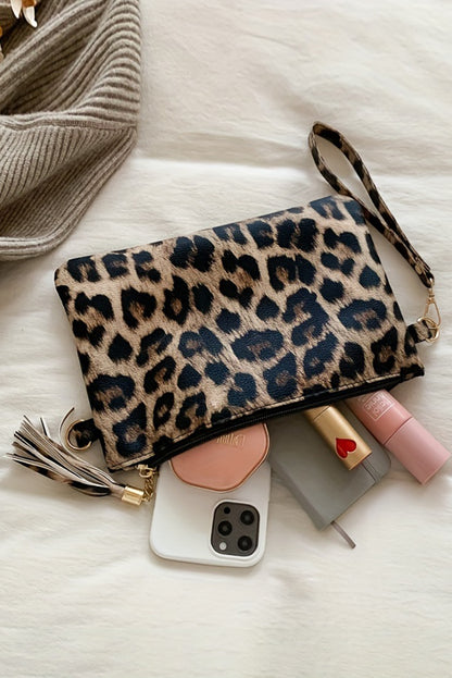 Cartera con cremallera y correa para la muñeca con estampado de leopardo castaño