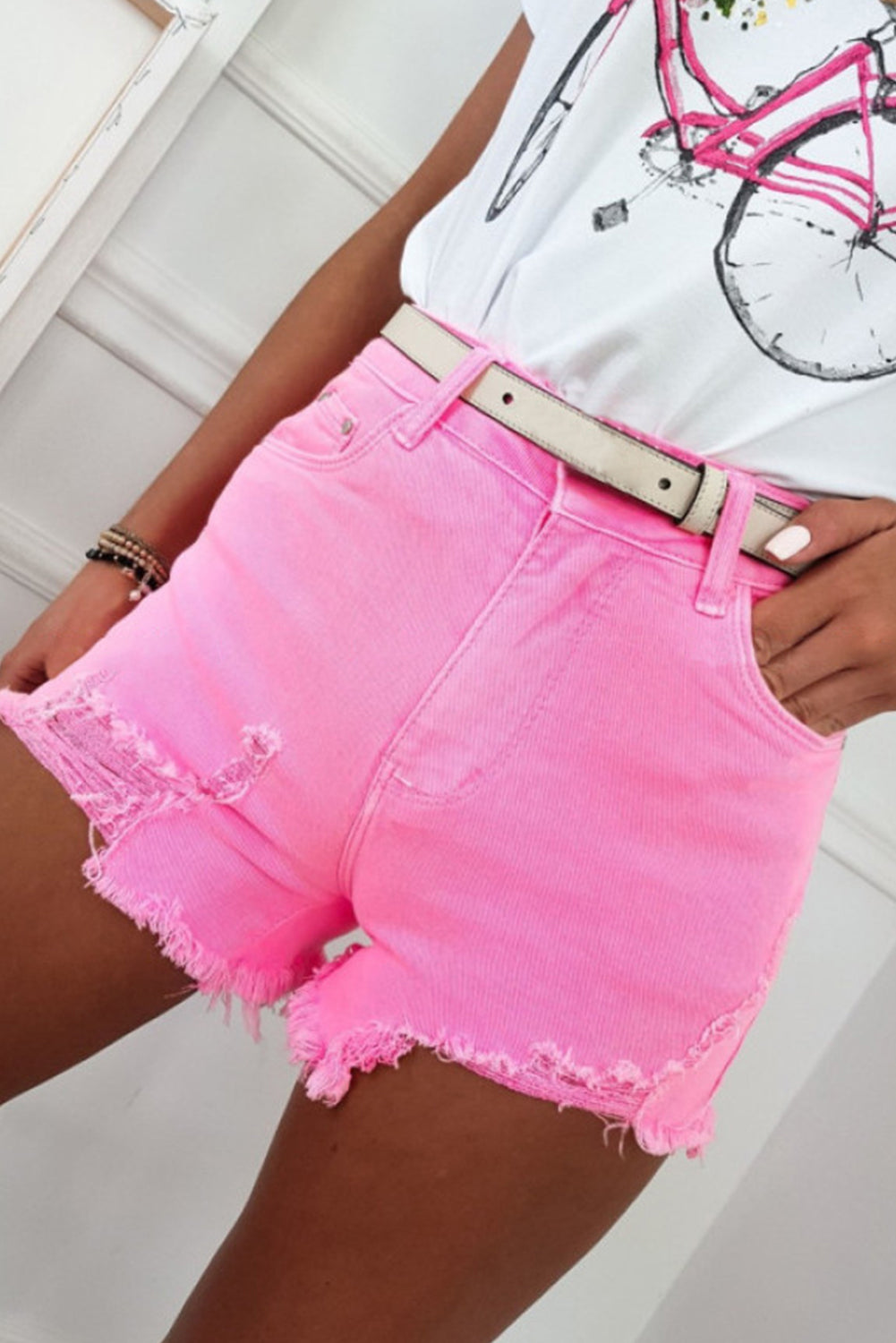 Black Solid Color Distressed Denim Shorts