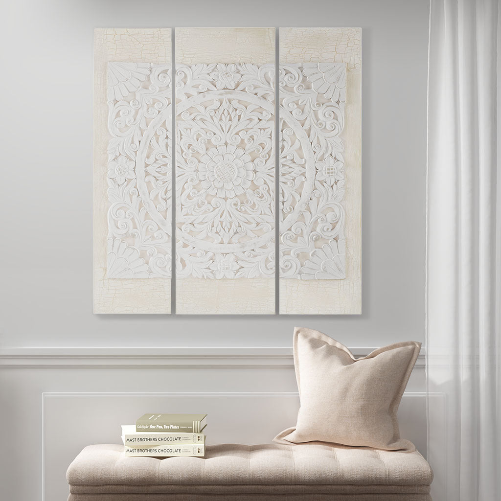 Off White Wood Triptych Dimensional Resin Canvas Wall Art Set