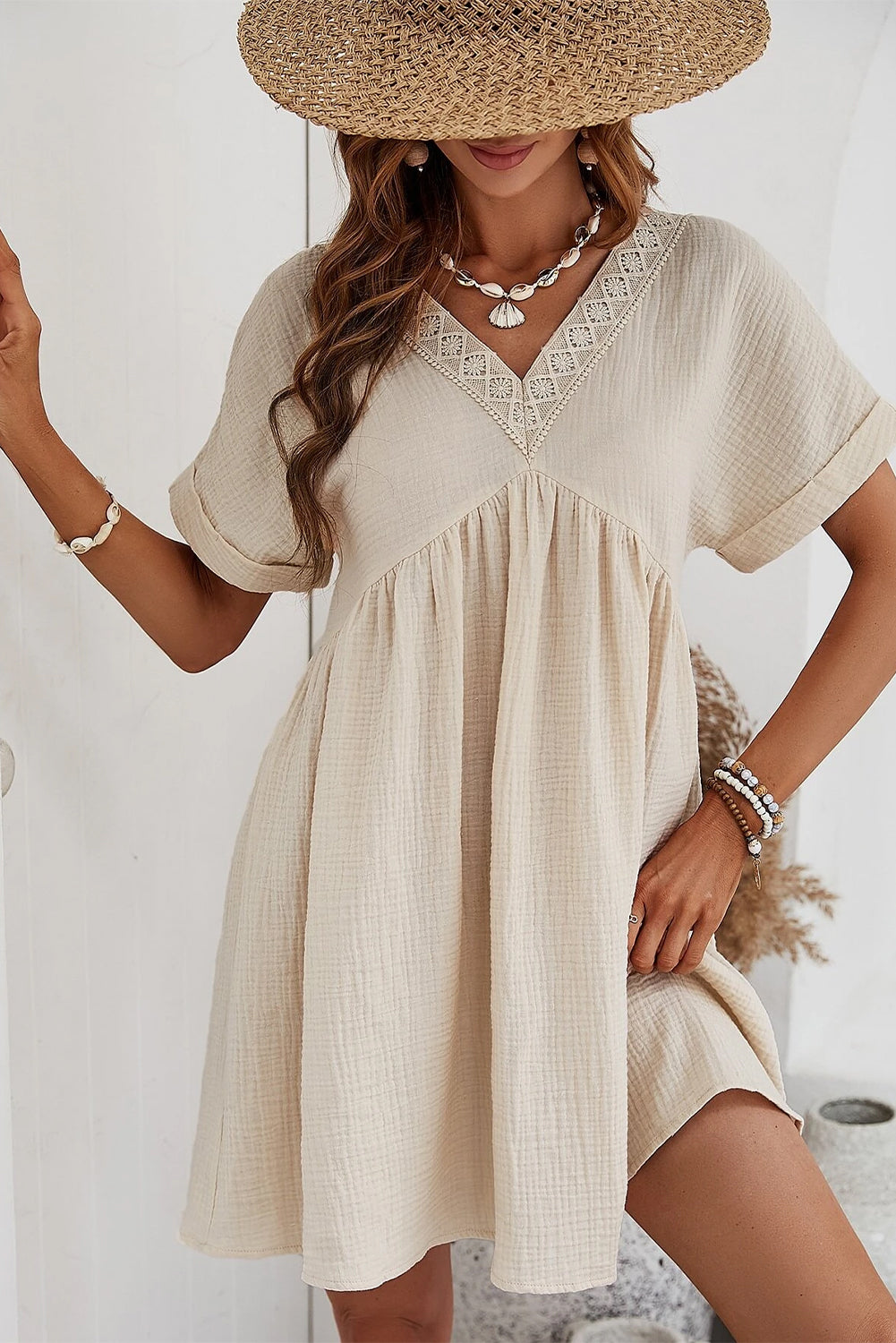 Beige Lace V Neck Mini Dress