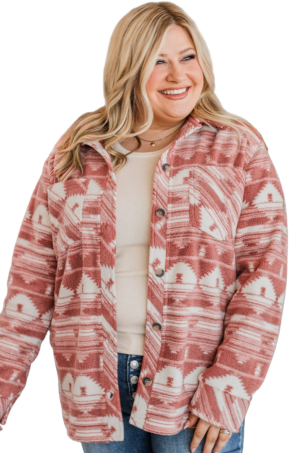 Pink Plus Size Geometric Print Chest Pocket Shacket