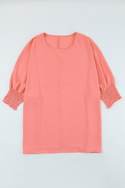 Apricot Solid Casual Smocked Cuffs Batwing Sleeve Blouse