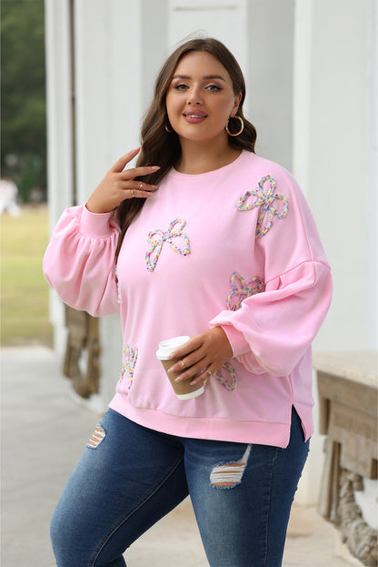 Light Pink Embroidered Bow Lantern Sleeve Oversized Pullover Sweatshirt