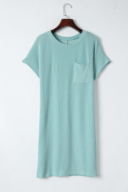 Grey Ribbed Short Sleeve Chest Pocket Casual T Shirt Dress